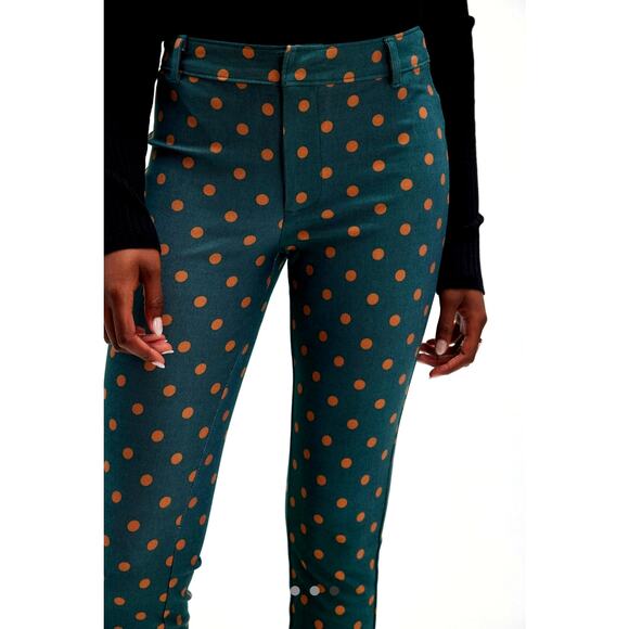 Free People Molly Printed Slim Pants Emerald Combo Polka Dots 12 - Picture 1 of 3